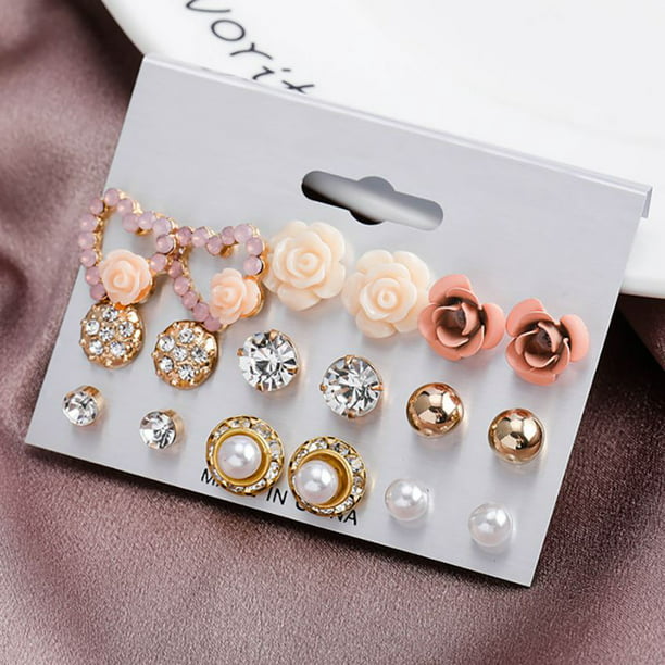 Elegant 6 pair Earrings Set Rhinestone Stud Ball Hoop Earrings Set Jewelry ZN